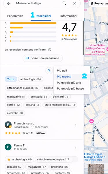 ordinare recensioni google maps per data piu recenti