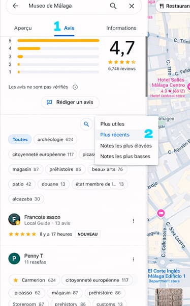 trier avis google maps par date plus recents