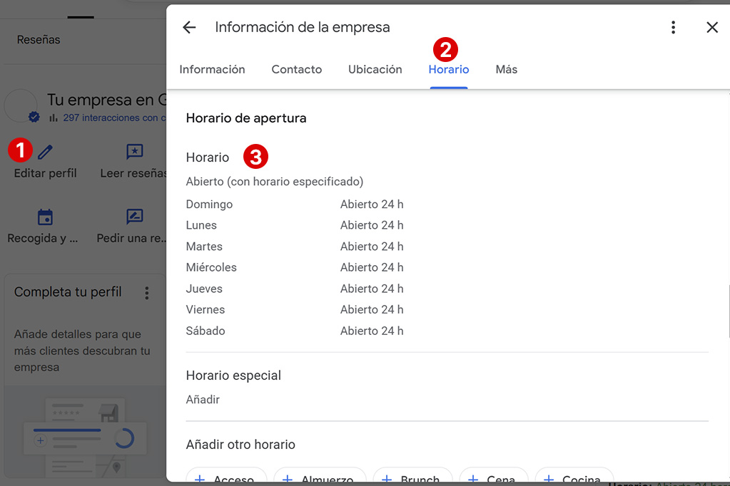 cambiar horario perfil empresa google