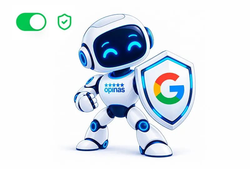 Robot OPINAS avec un bouclier Google qui protège votre fiche Google Business Profile